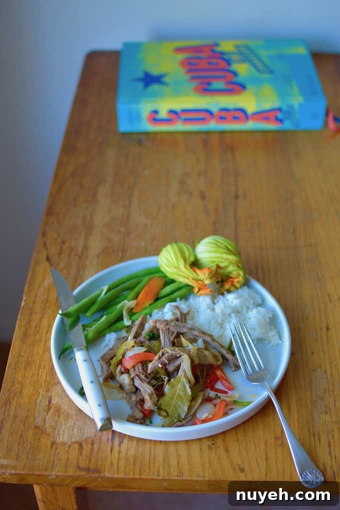 A white plate with Ropa Vieja, rice, and green beans.