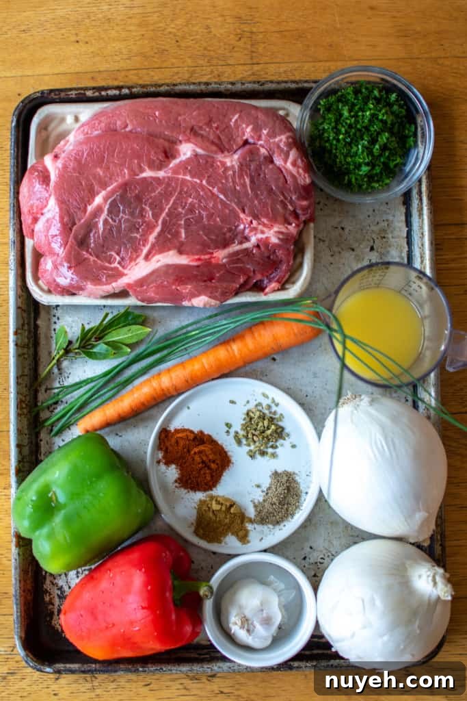 Ingredients for Ropa Vieja on a table.