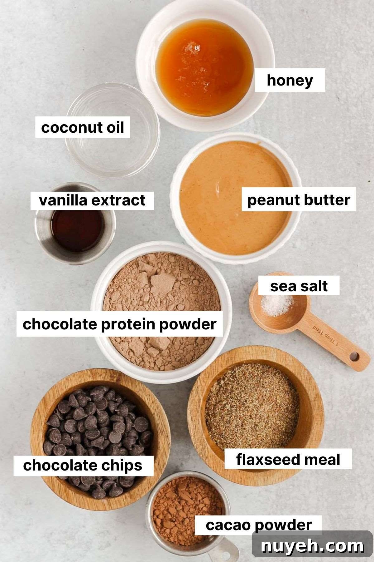 Labeled ingredients for chocolate protein bars.