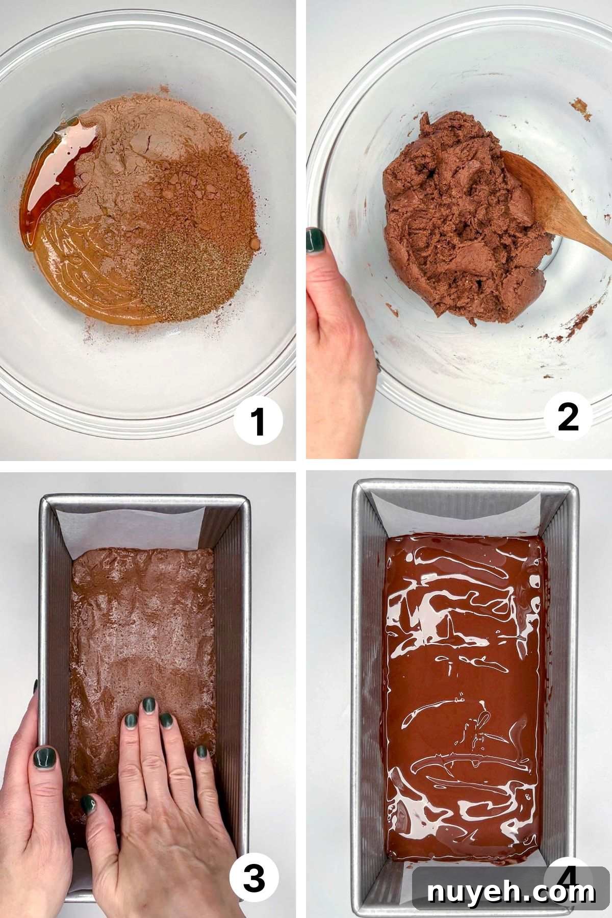 Quadrants showing process shots for making protein bar "dough," adding to loaf pan, and covering with chocolate.
