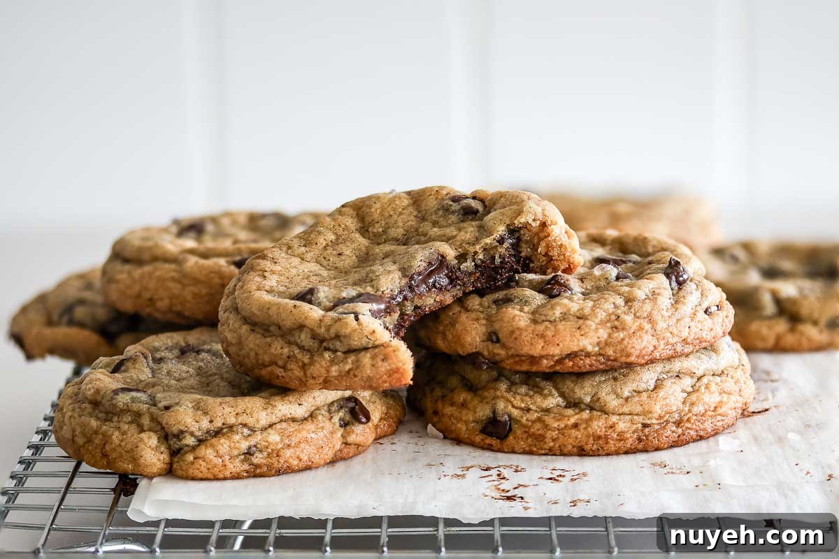 Sourdough brown butter chocolate chip cookies showing the chewy interior of one.