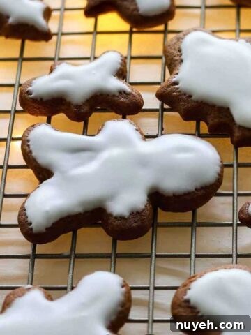 Sourdough gingerbread christmas cookies with icing, over a wire rack.