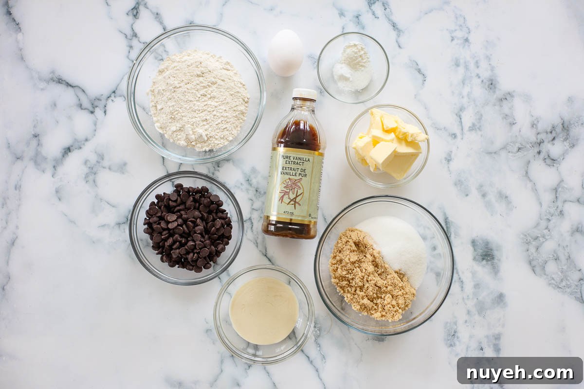 Ingredients of sourdough brown butter chocolate chip cookies recipe.