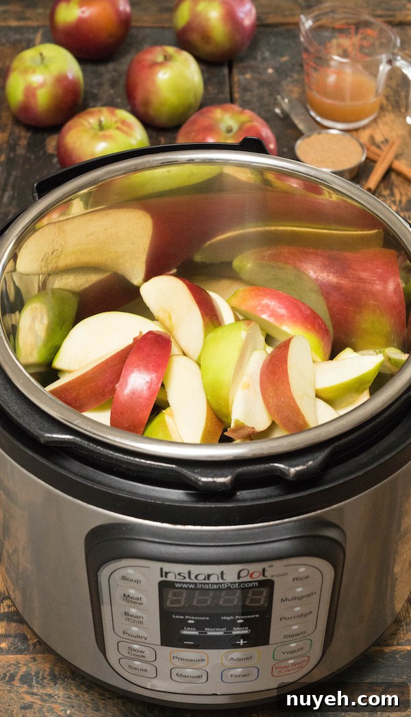 An Instant Pot filled with sliced apples and other apple butter ingredients.