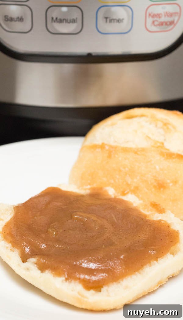 Close up of Instant Pot Apple Butter on a roll.