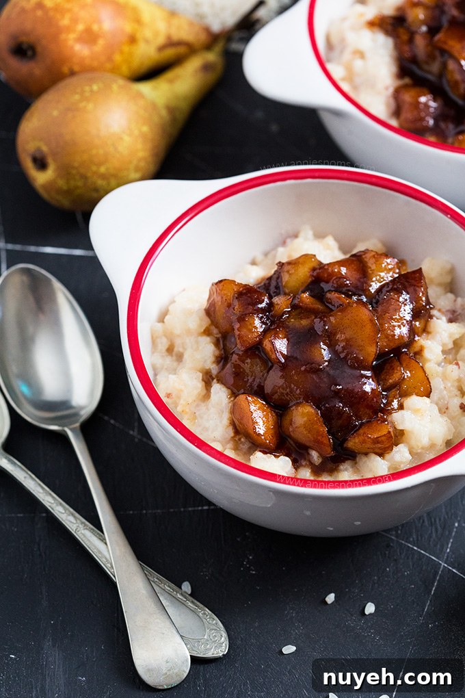 This creamy baked rice pudding is topped with a homemade spiced pear compote to create one seriously tasty, throw it all together dessert!