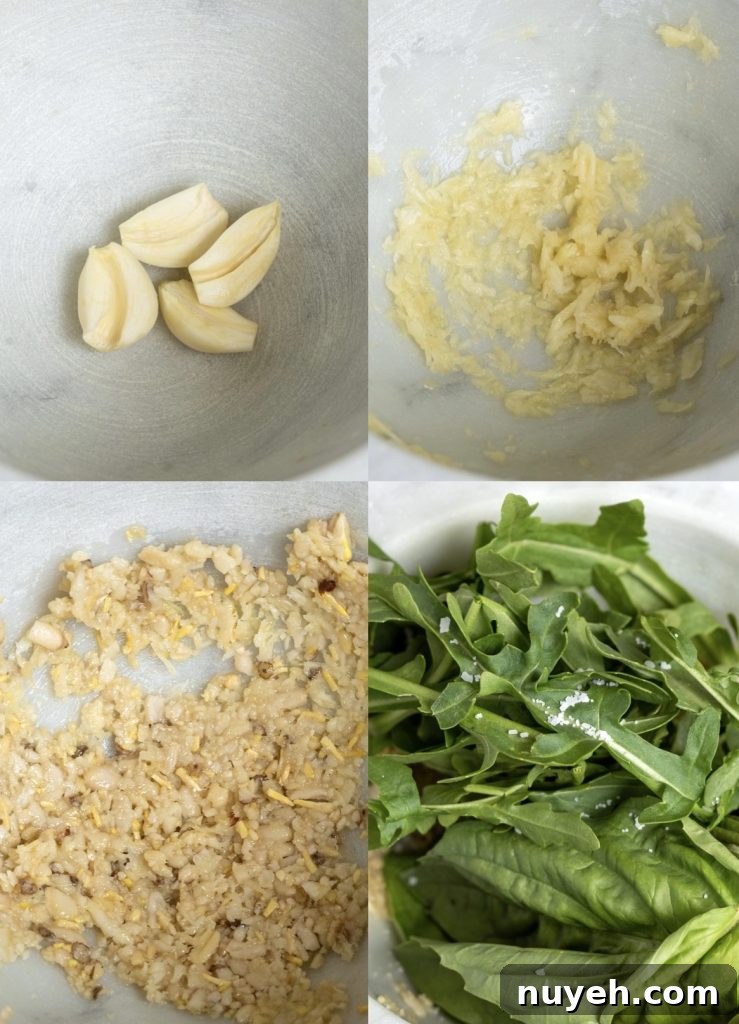Making pesto in mortar and pestle
