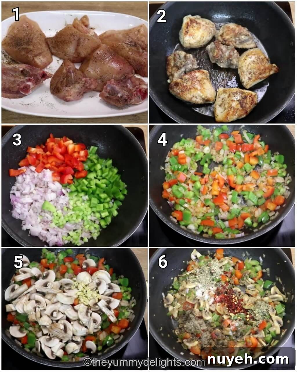 image collage of 6 steps showing searing the chicken and sauteing the veggies to make cacciatore sauce.