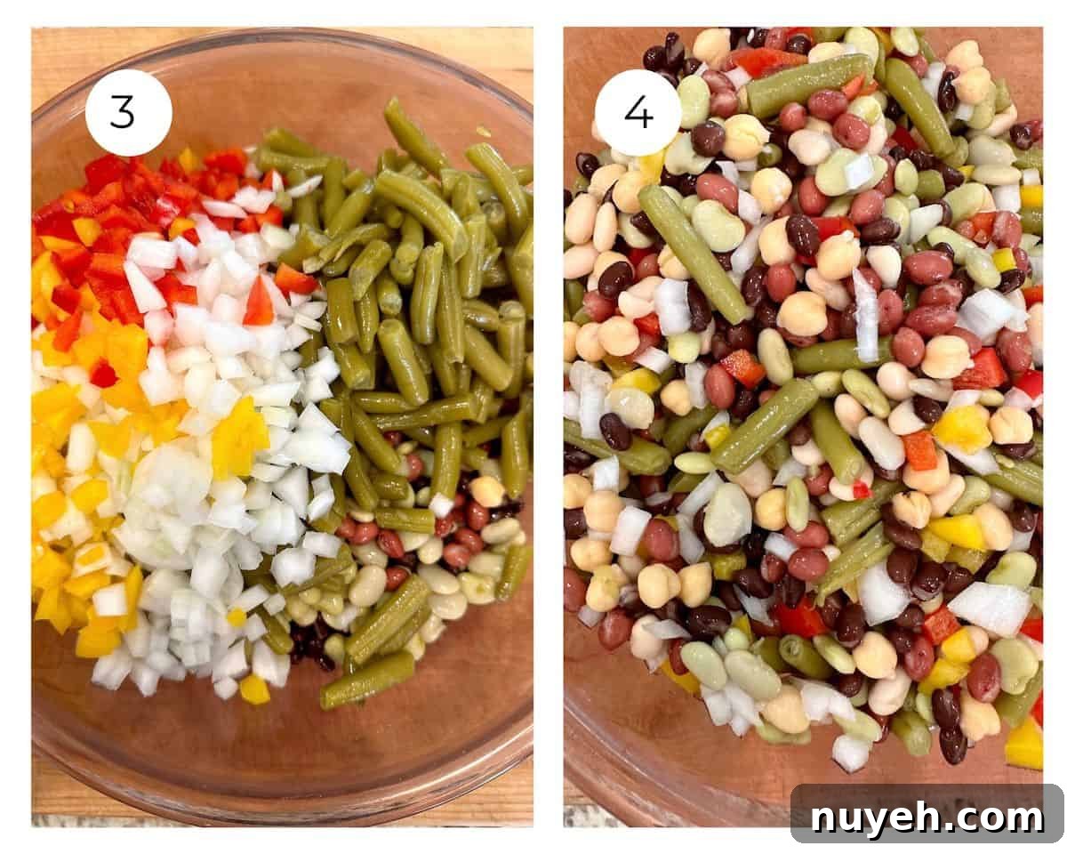 A bowl of diced onions and peppers on top of the beans in a bowl, next to a bowl with all the ingredients blended.
