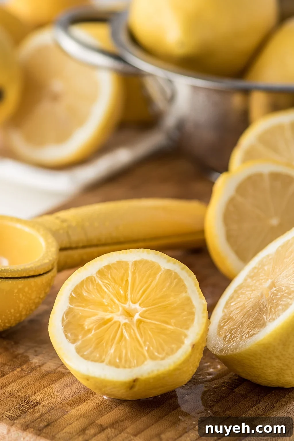 Freshly sliced lemons on a cutting board, with a hand-press juicer.
