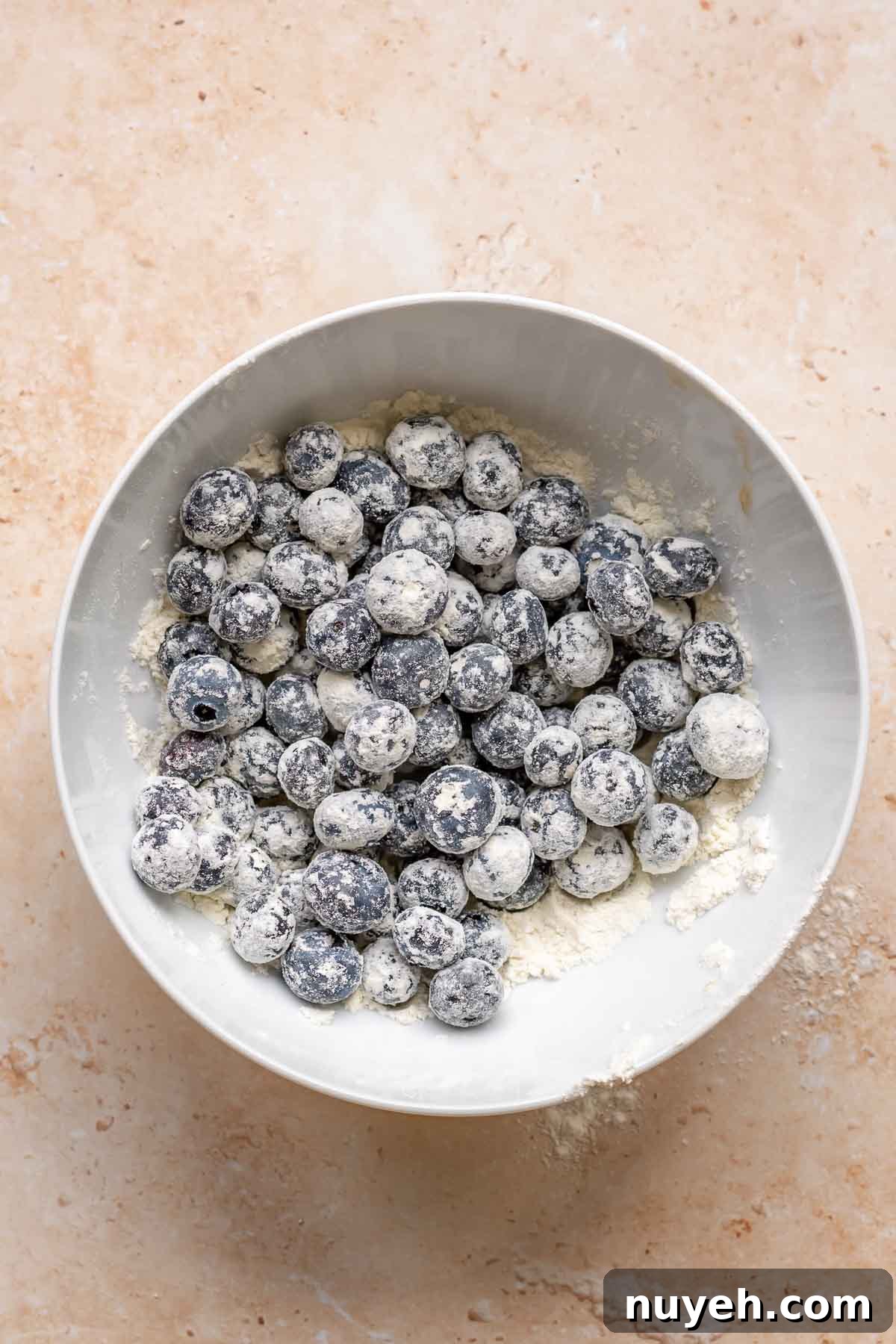 Blueberries coated in flour in a bowl.