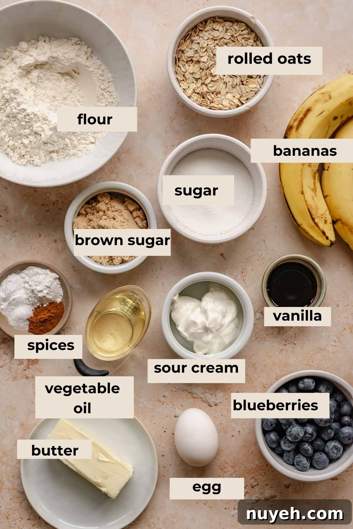 Ingredients for banana blueberry oatmeal muffins.
