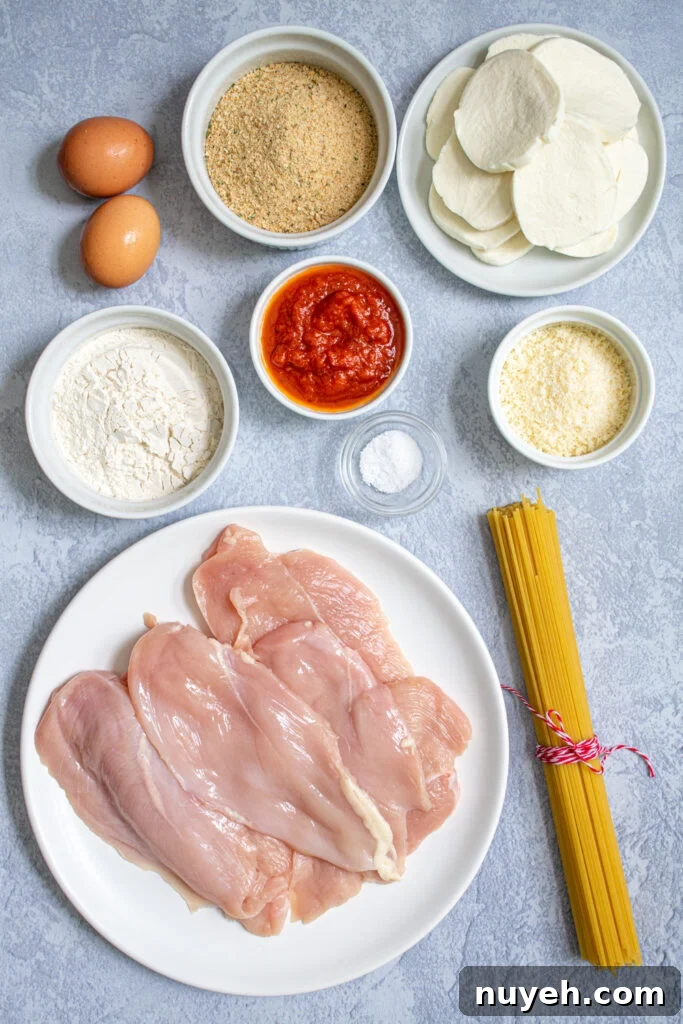 Crispy Oven-Baked Chicken Parmesan with Marinara Sauce 2 Ingredients need to make Baked Chicken Parmesan laid out on a tabletop.