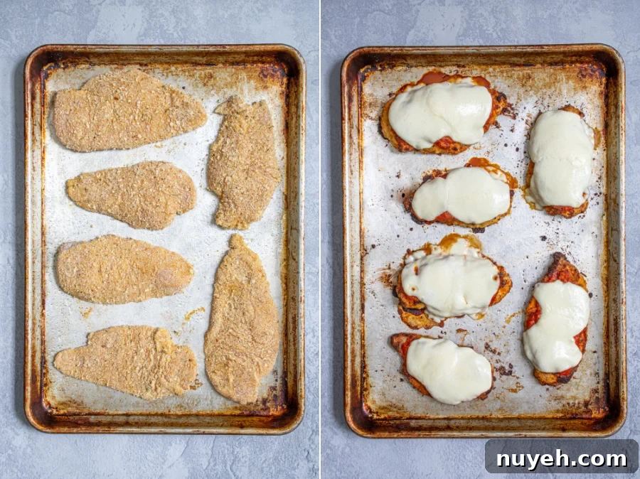 Crispy Oven-Baked Chicken Parmesan with Marinara Sauce 3 A collage showing the before and after of the chicken cutlets going into the oven and coming out as chicken parm with sauce and melted cheese.