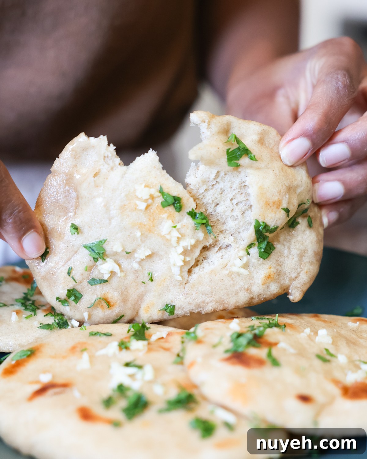 tearing naan in half