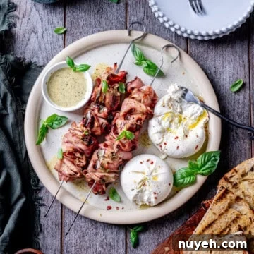 Grilled Mortadella Skewers with Burrata & Italian Herb Sauce