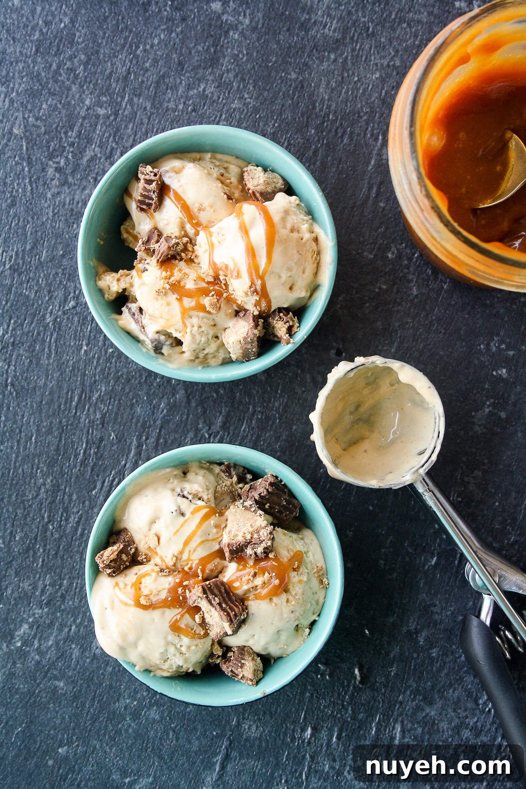 Rich, creamy no churn ice cream with peanut butter and salted caramel