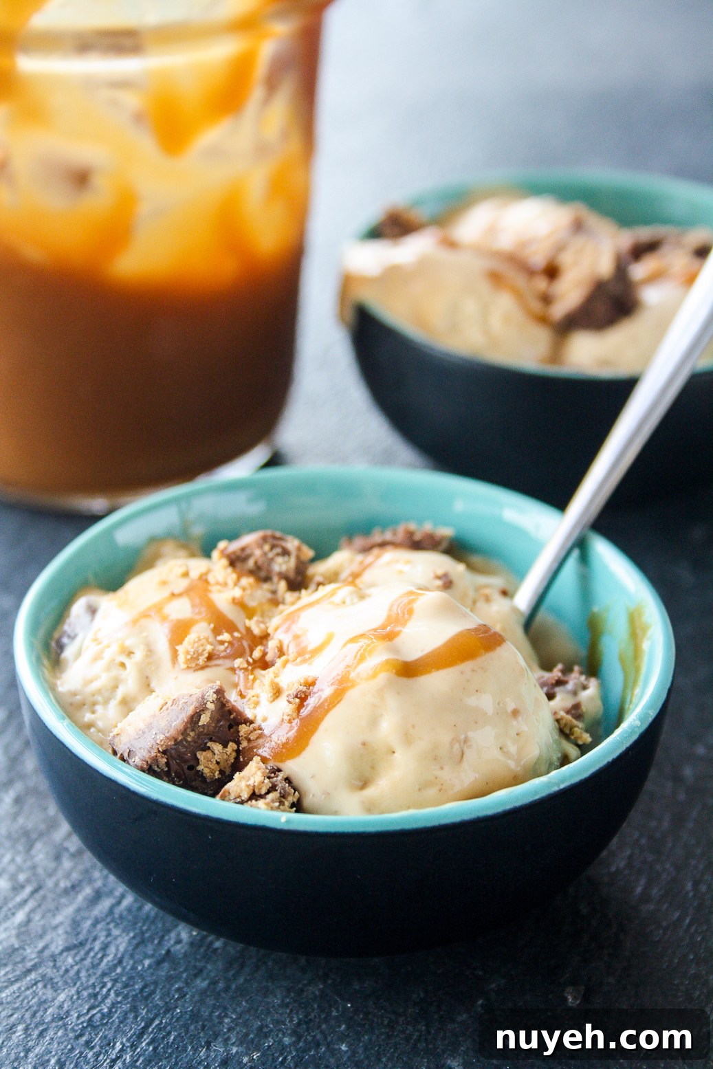 Rich, creamy no churn ice cream with peanut butter and salted caramel