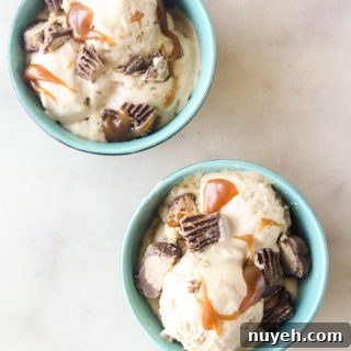 Rich, creamy no churn ice cream with peanut butter and salted caramel
