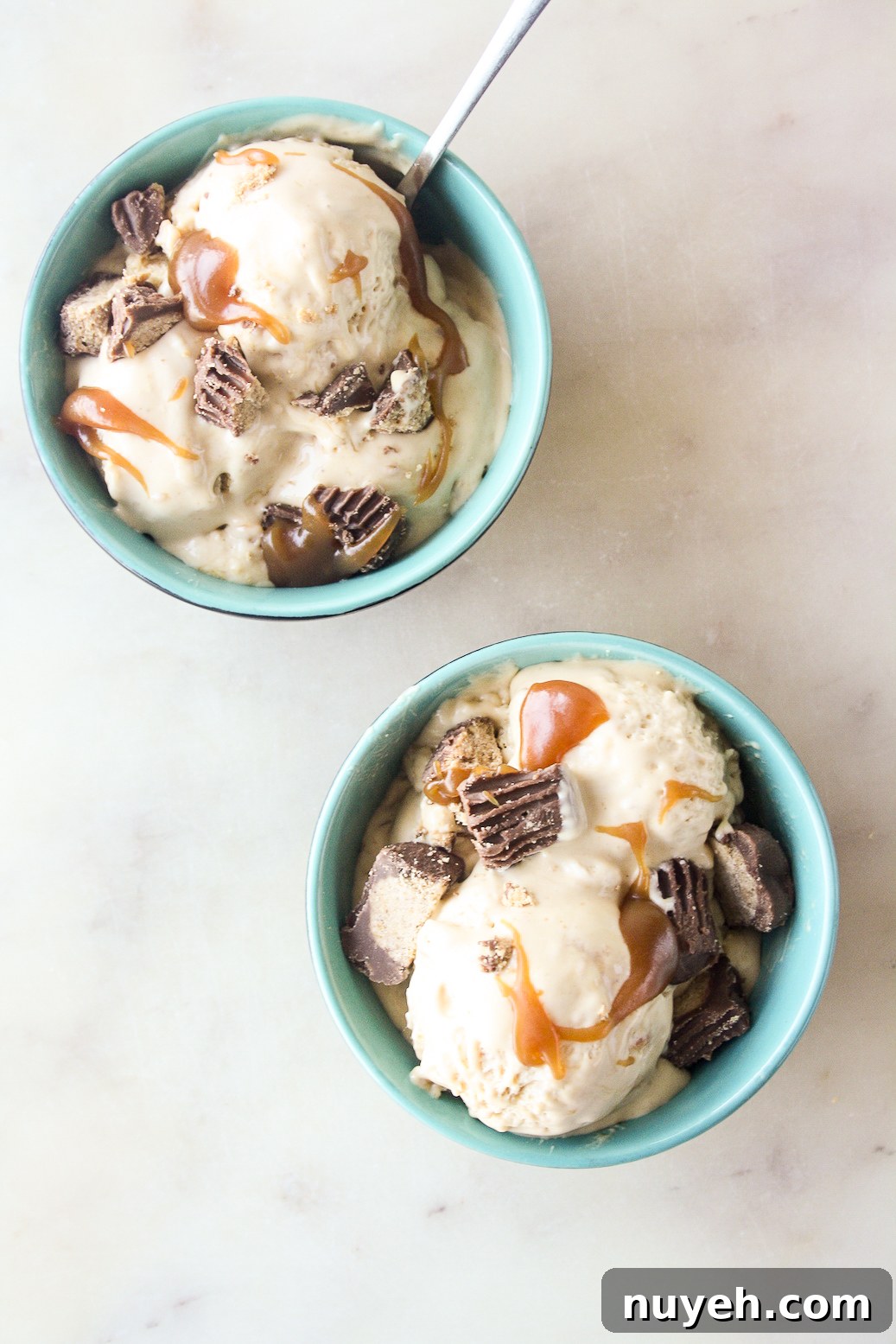 Rich, creamy no churn ice cream with peanut butter and salted caramel