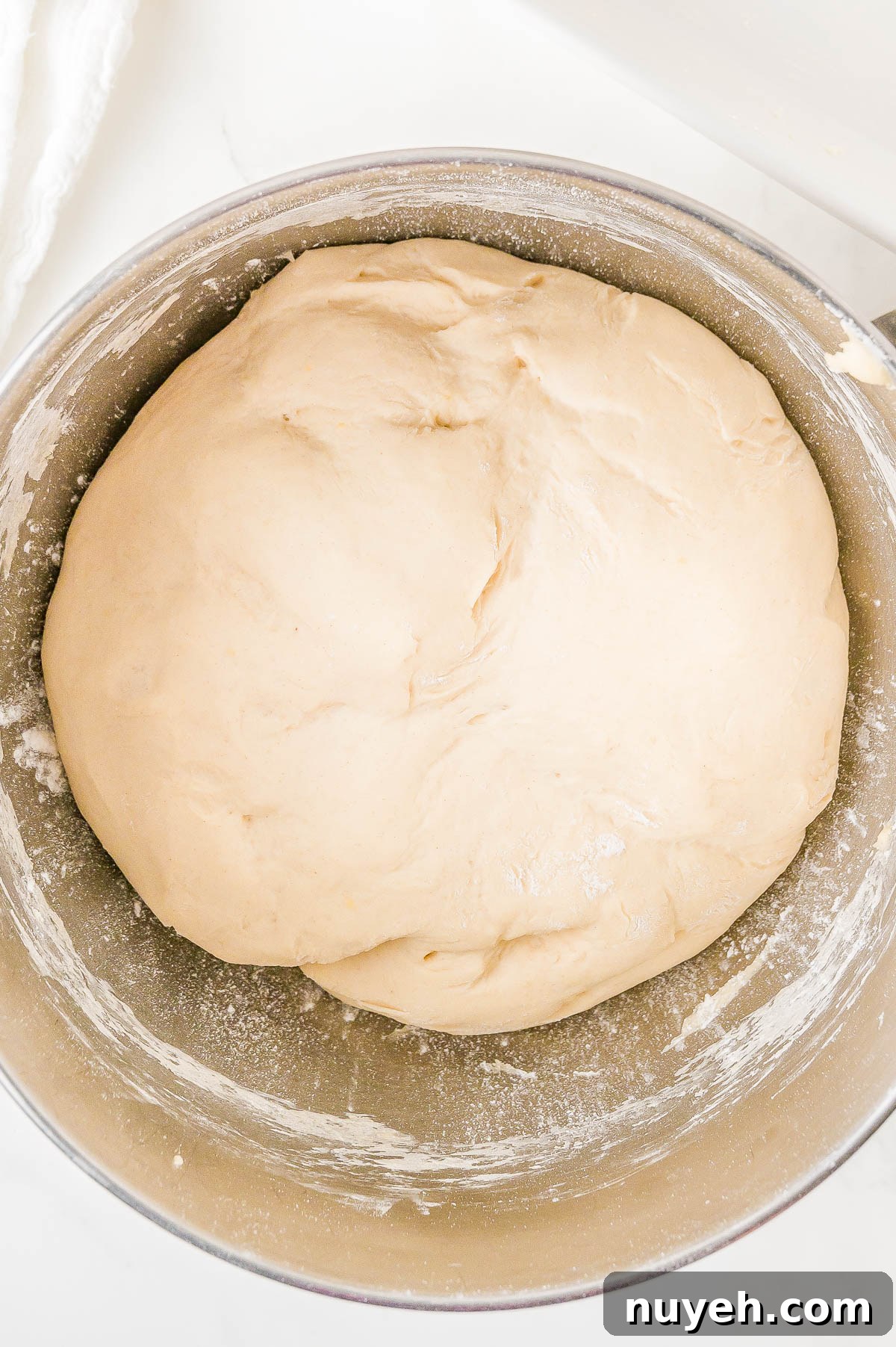 Ball of dough resting in a metal bowl.