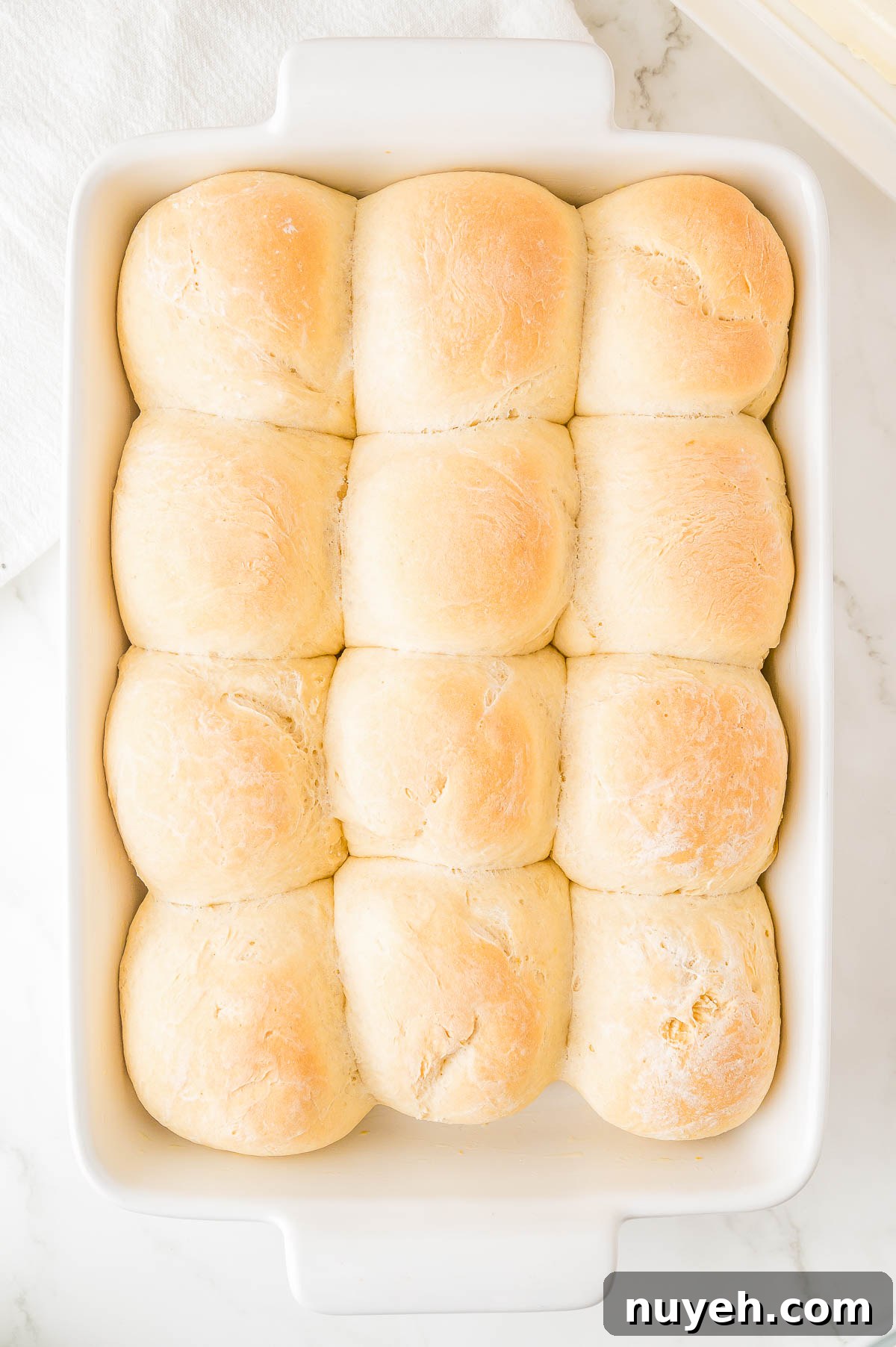 A white rectangular dish with twelve evenly baked, golden-brown dinner rolls arranged in a 3x4 grid.