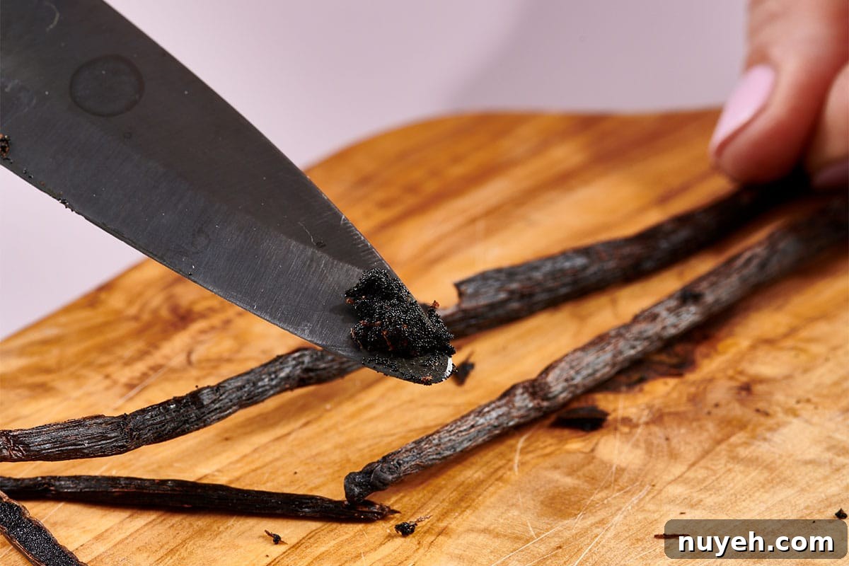 Tiny vanilla bean seeds on tip of knife near bean pods.
