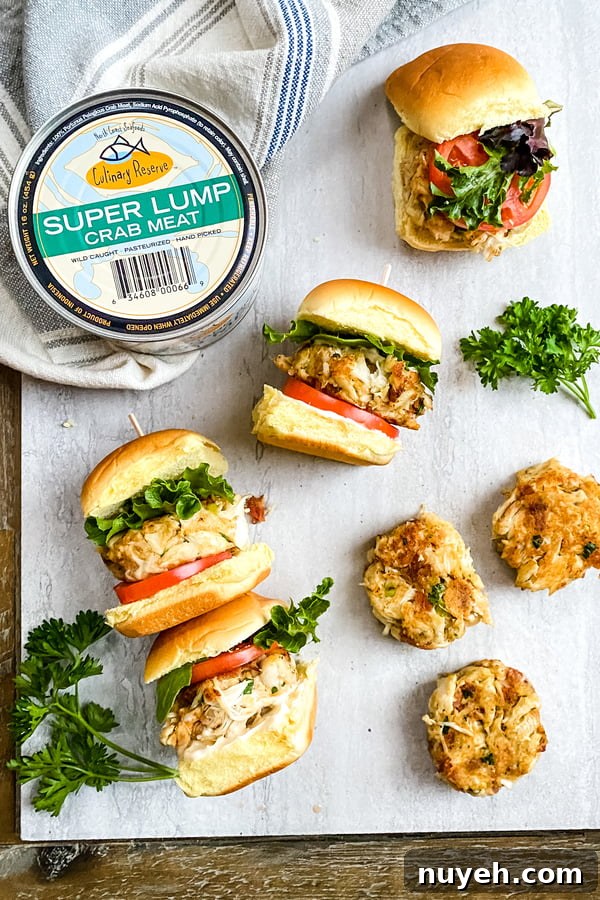 mini crab cake sandwiches, crab cakes and a can of super lump crab.