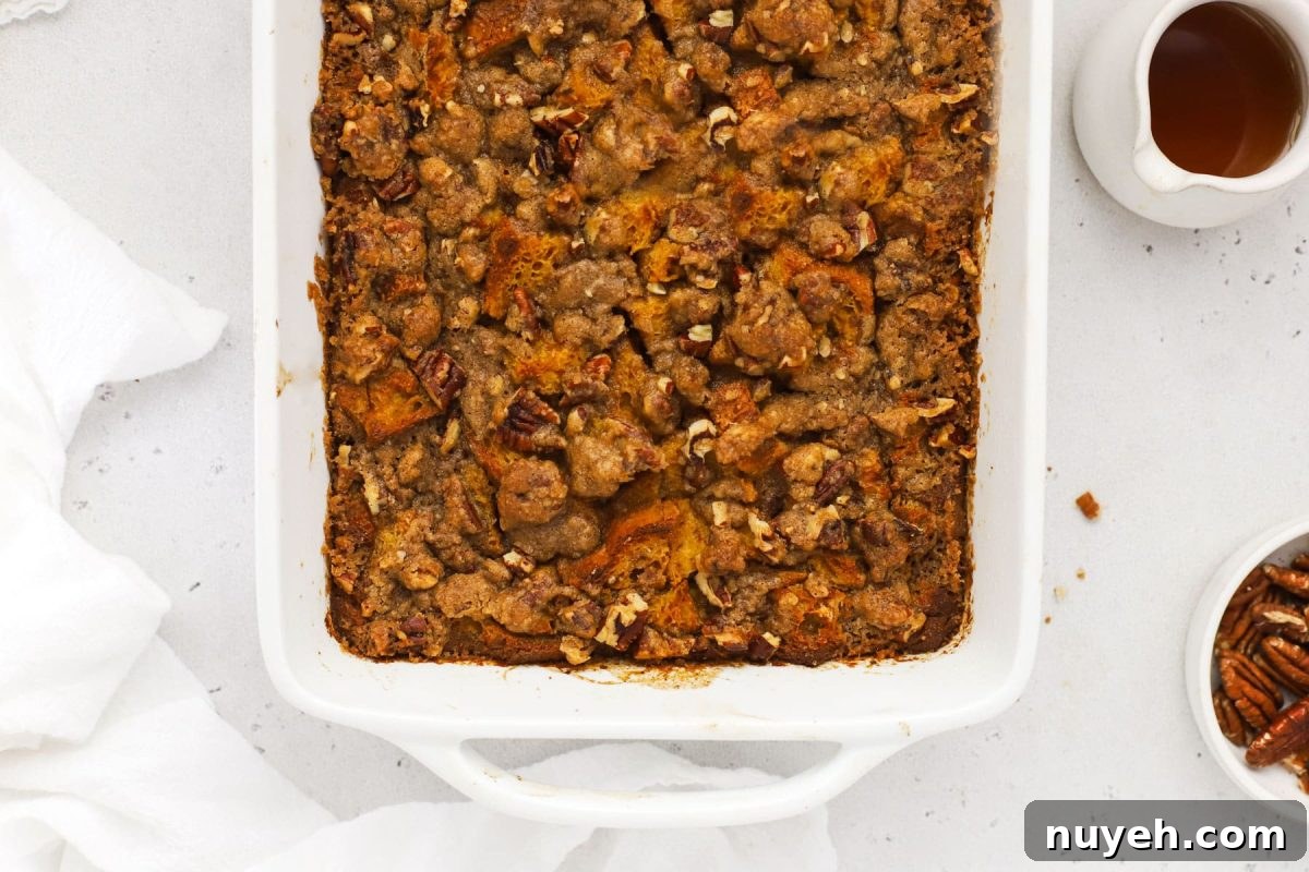 gluten-free pumpkin french toast casserole with brown sugar pecan streusel