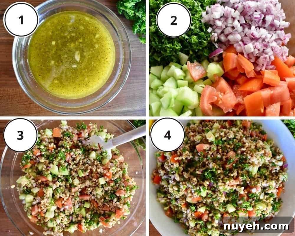 process shots showing how to make the recipe including the lemon dressing, chopped veggies, and mixing it all together. 