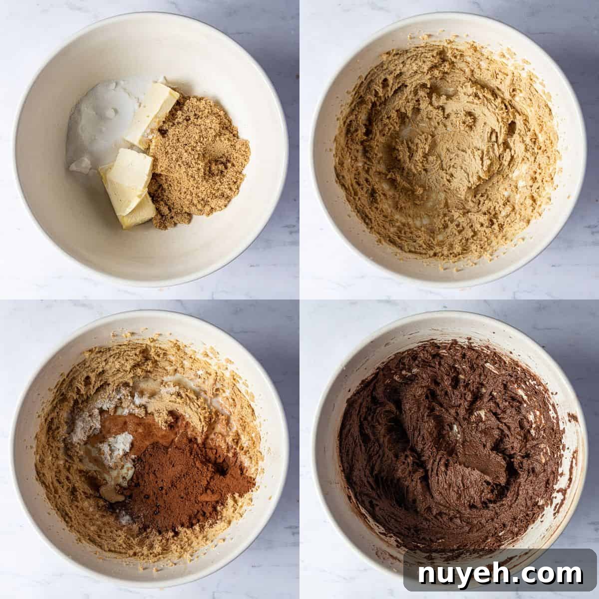 Step 1 - a four image collage of whisking together the butter and sugar and adding the cocoa powder.