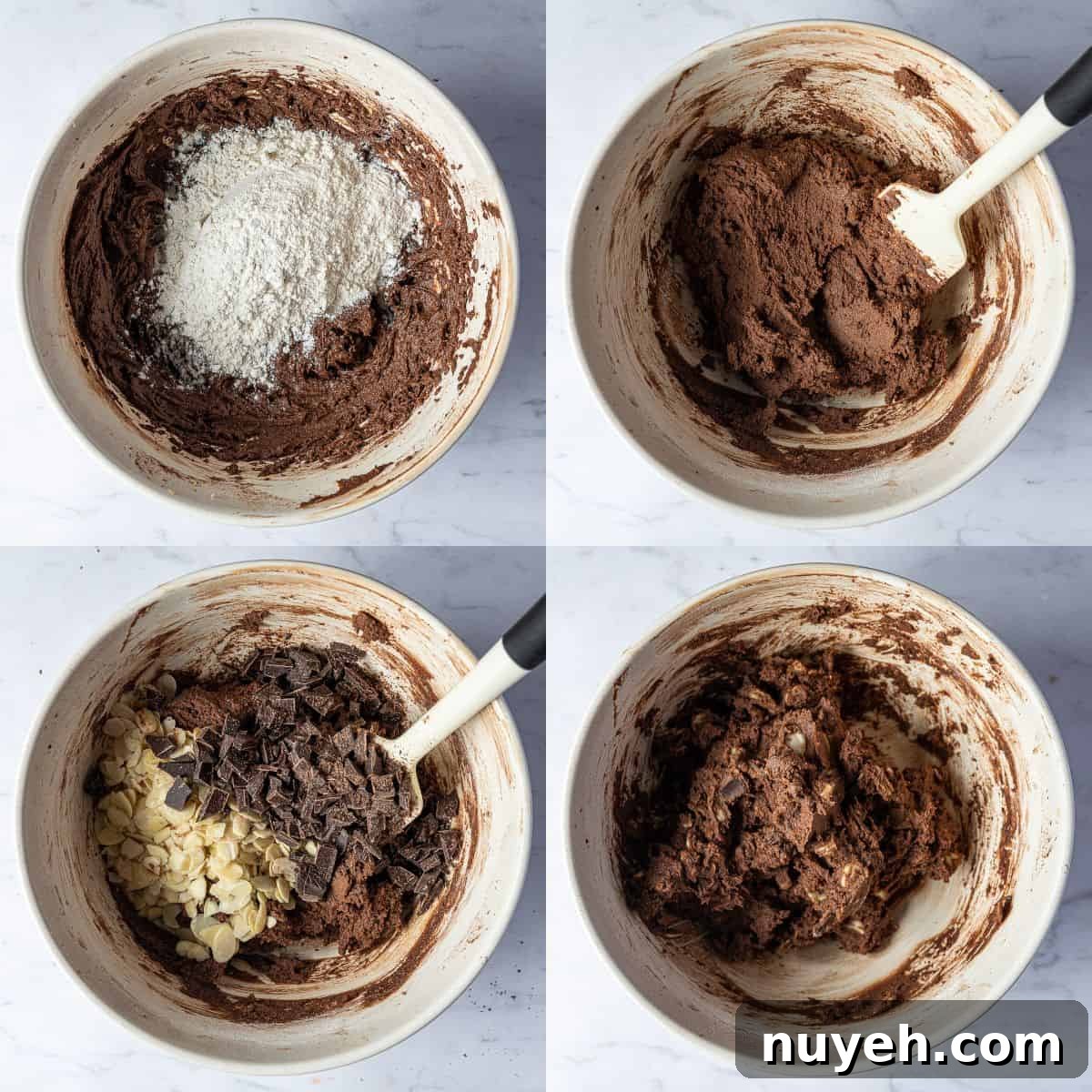 Step 2 - a four image collage of adding the flour and the chocolate chips and almonds.