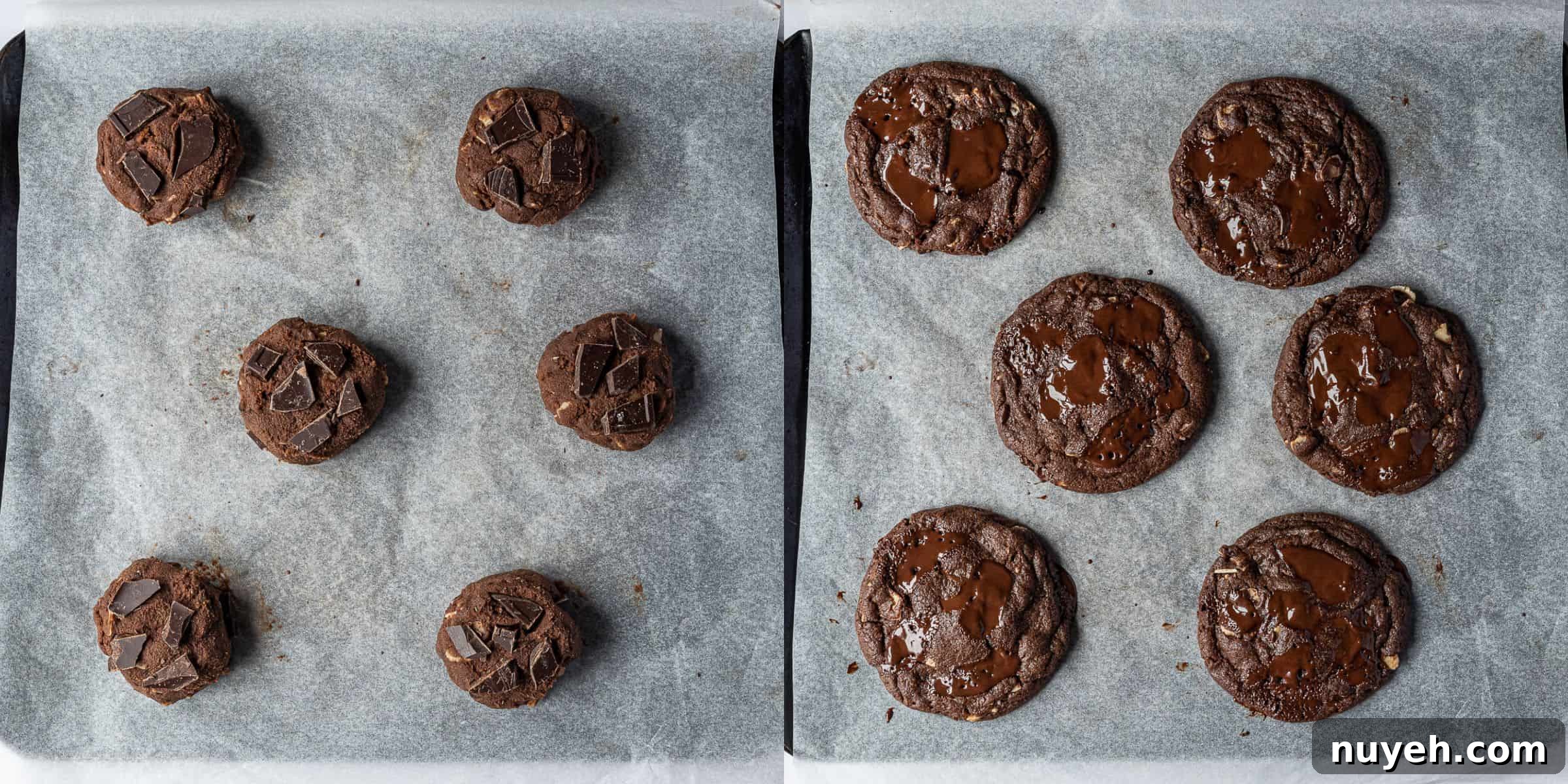 Step 3 - a two image collage of the unbaked cookies and the baked cookies.