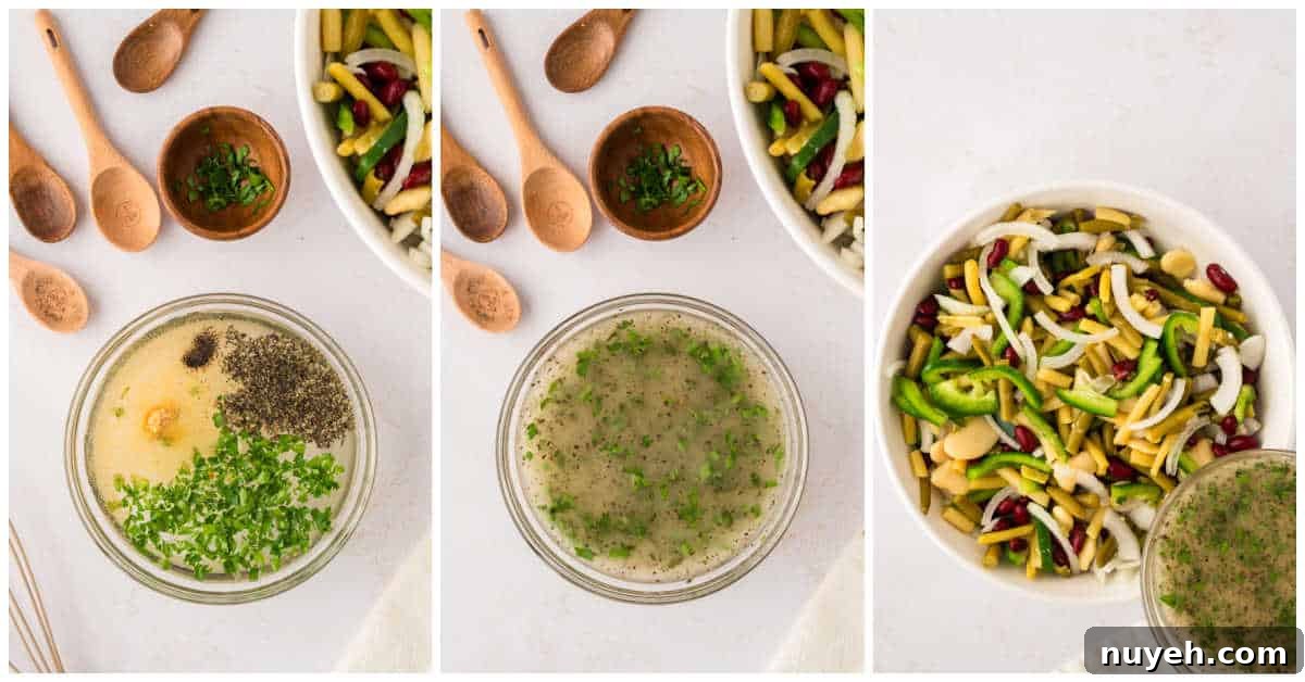 Collage of mixing the dressing and adding to a bowl.