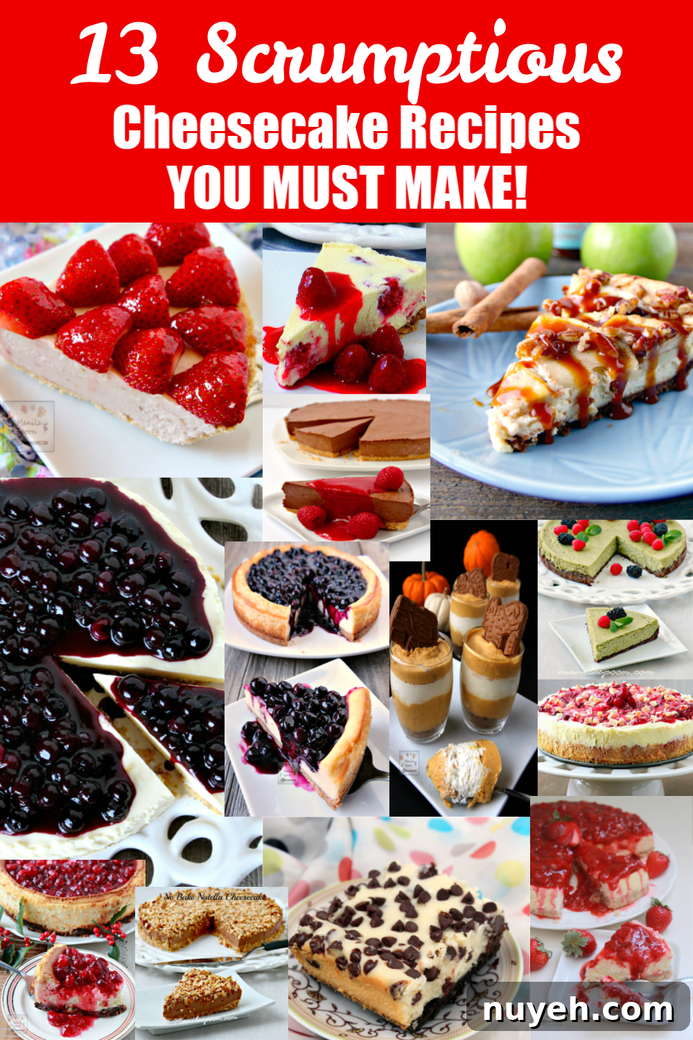Not just one but 13 delicious cheesecake recipes to choose from whether for a big party or just a small gathering of family and friends. Both baked and no bake cheesecakes are included so you can make it during hot summer day and cold winter nights. These is so much variety here that you're all set for the entire year! #cheesecake #nobakecheesecake #blueberrycheesecake Cheesecake