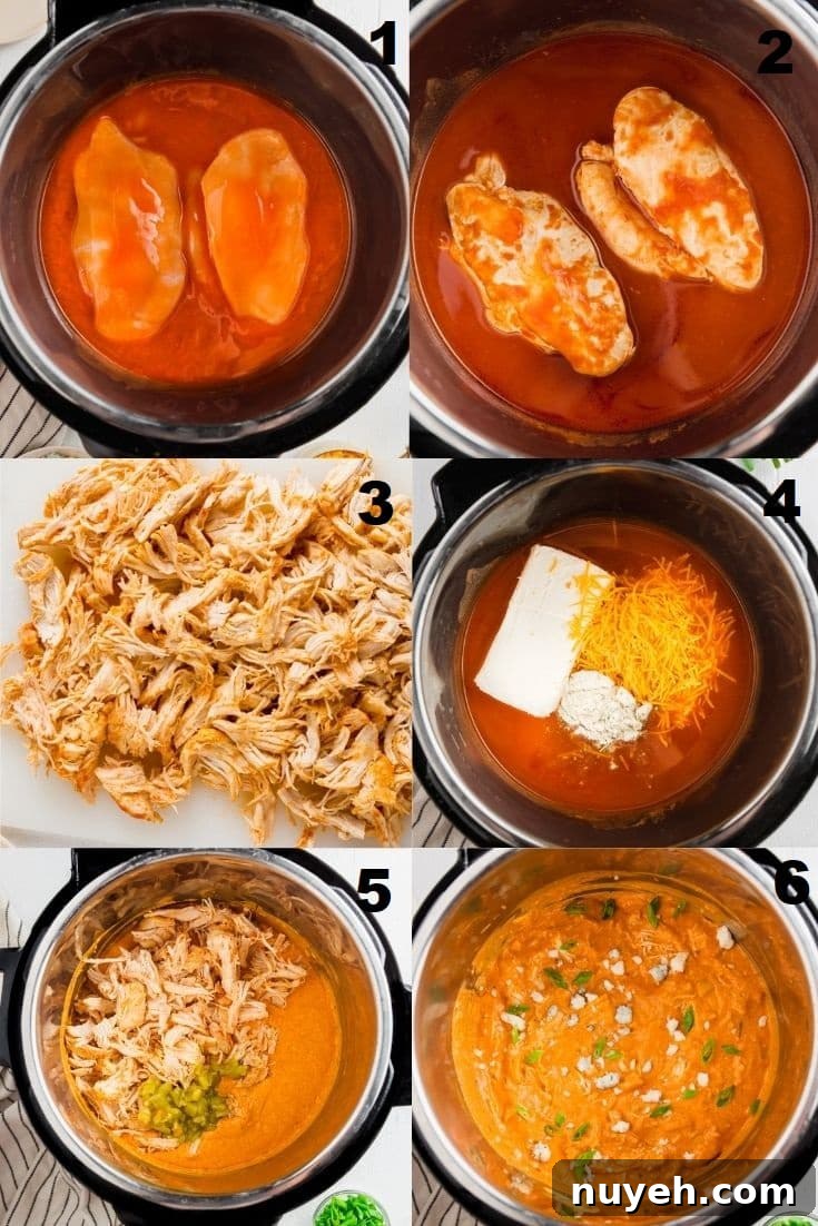 a collage of six photos showing the steps to make instant pot buffalo chicken dip