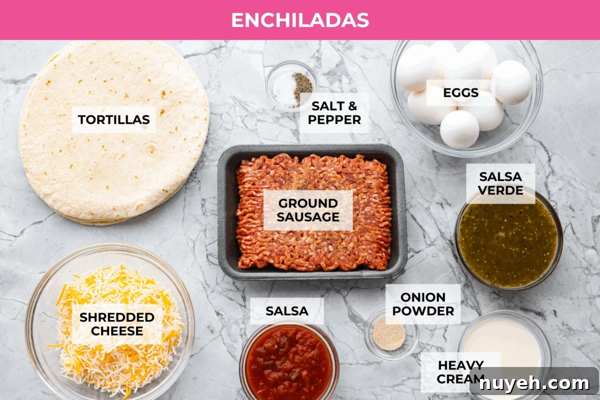 Overhead shot of labeled enchilada ingredients.