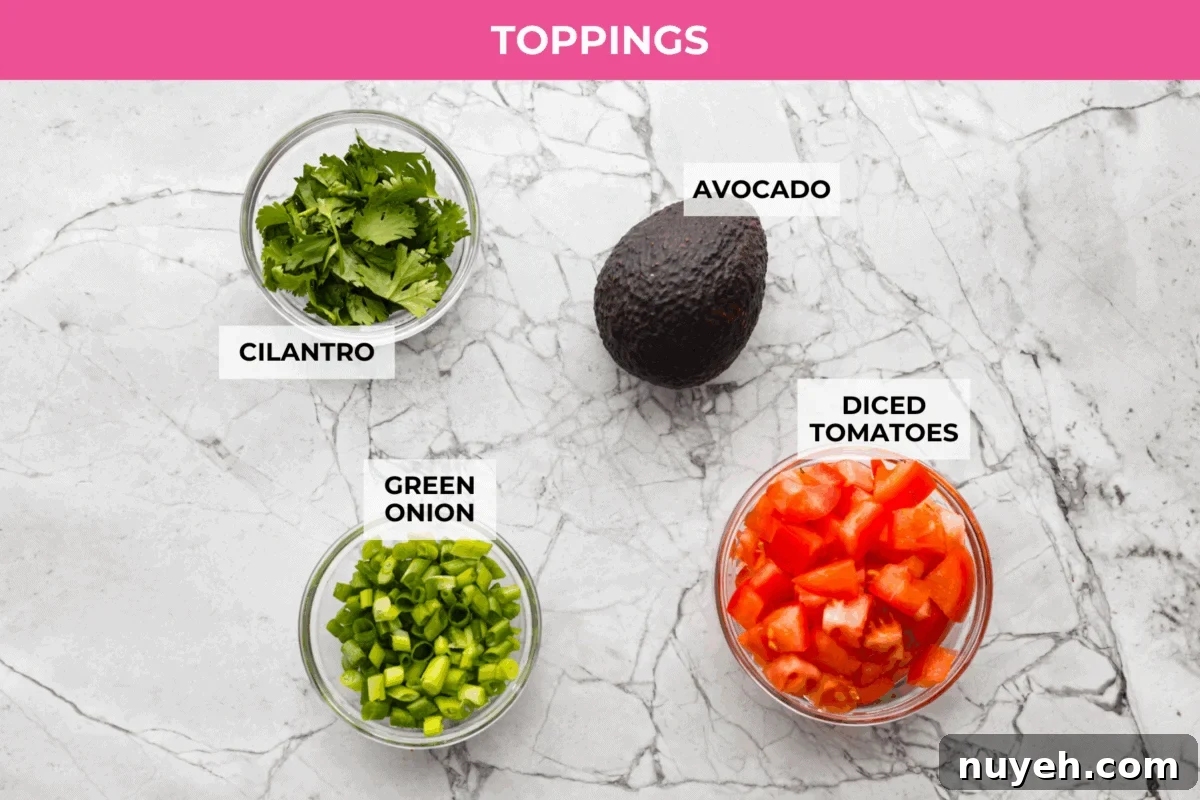 Overhead shot of labeled breakfast enchilada toppings.