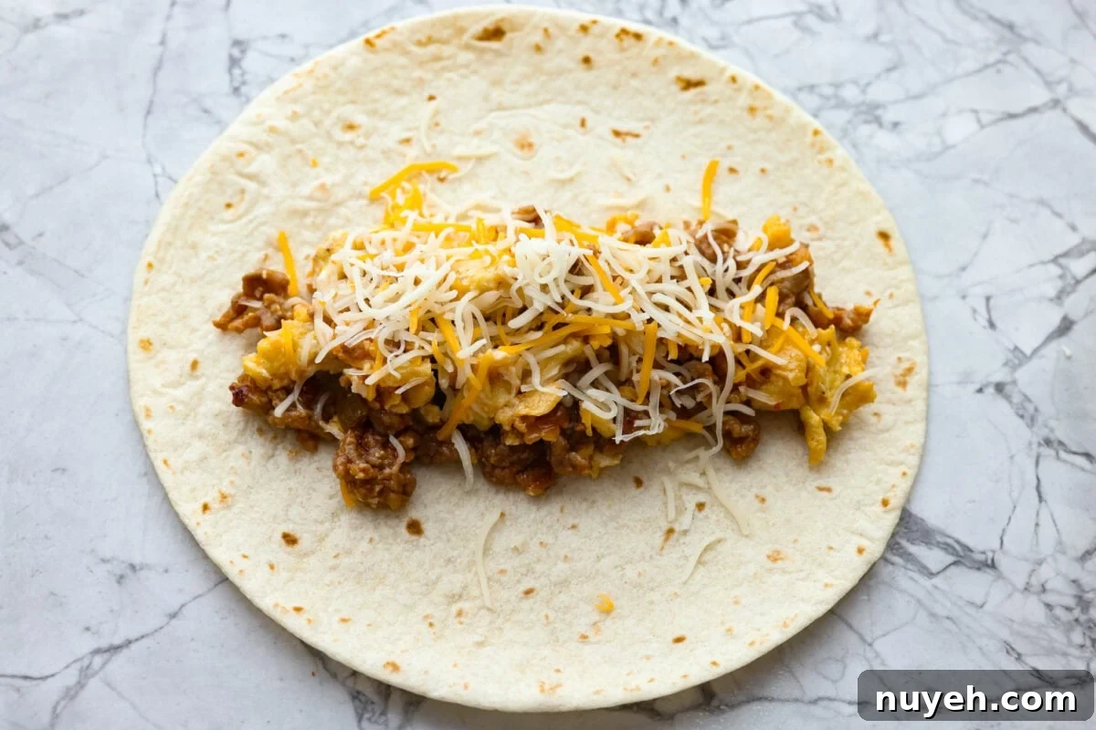 Tortilla with sausage and egg filling and cheese