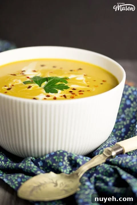 curried coconut lentil soup in a bowl with parsley and chilli flakes on top