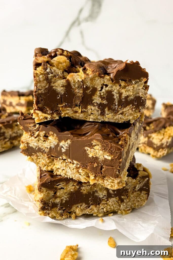 No-Bake Chocolate Peanut Butter Oat Bars Recipe 2 Chocolate oatmeal bars stack up on each other.