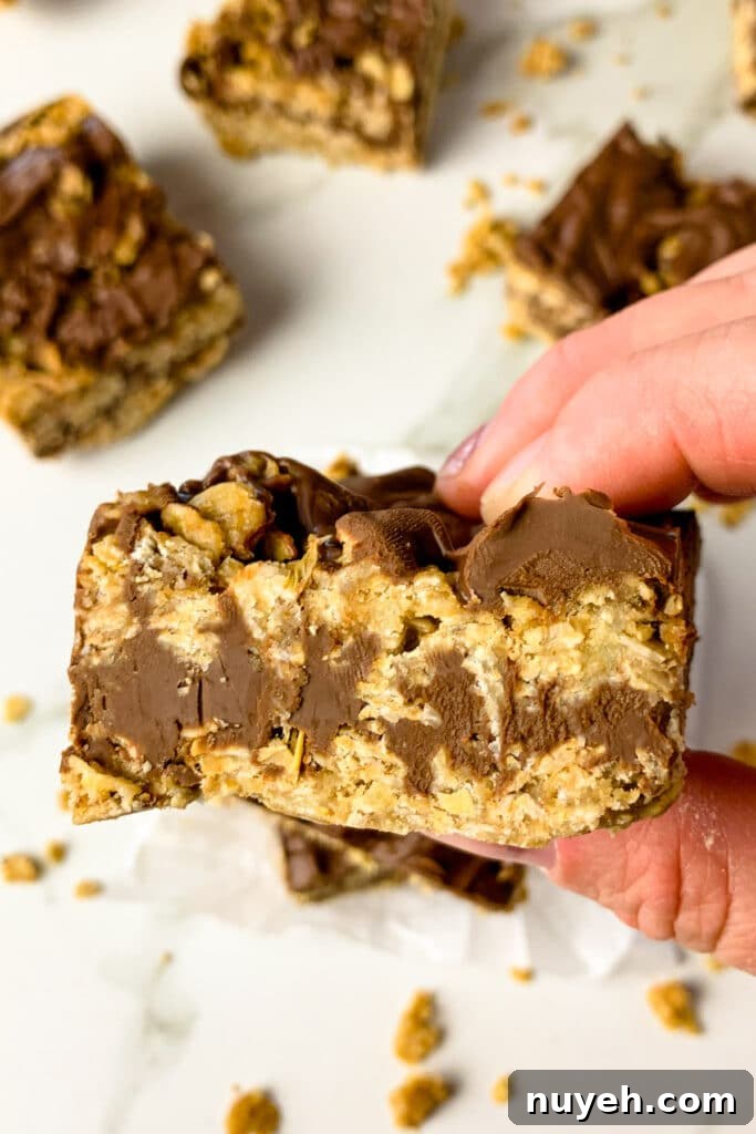 No-Bake Chocolate Peanut Butter Oat Bars Recipe 3 A hand holding a no-bake chocolate oatmeal bar to show of the filling.