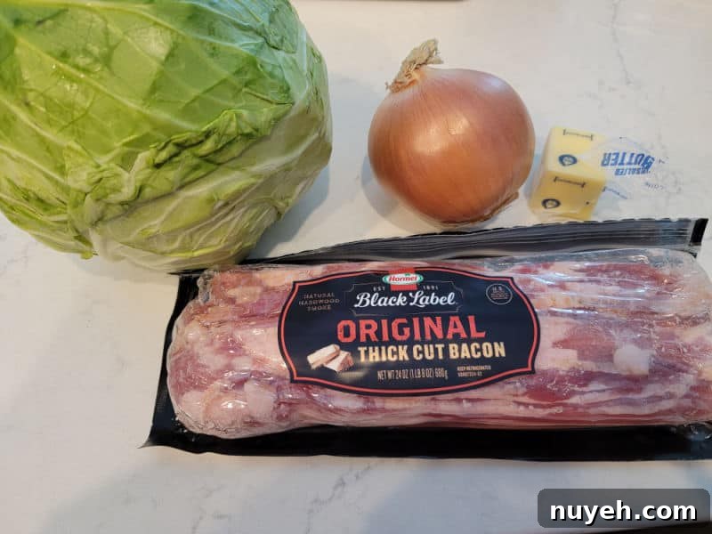 cabbage, onion, butter, and bacon on a white counter