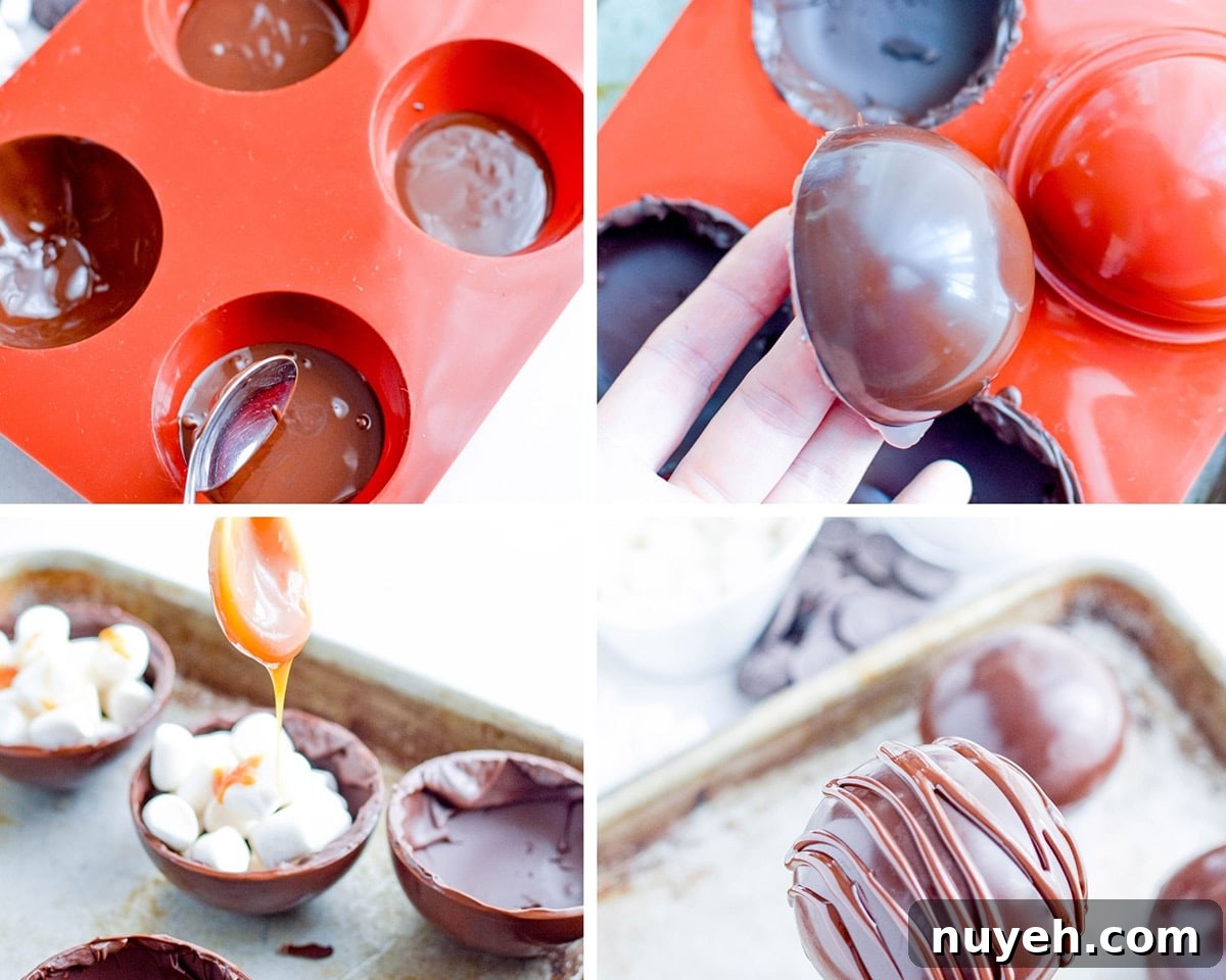collage with four photos including a red mold with chocolate, chocolate shells filled with marshmallows and salted caramel, and a completed hot cocoa bomb.