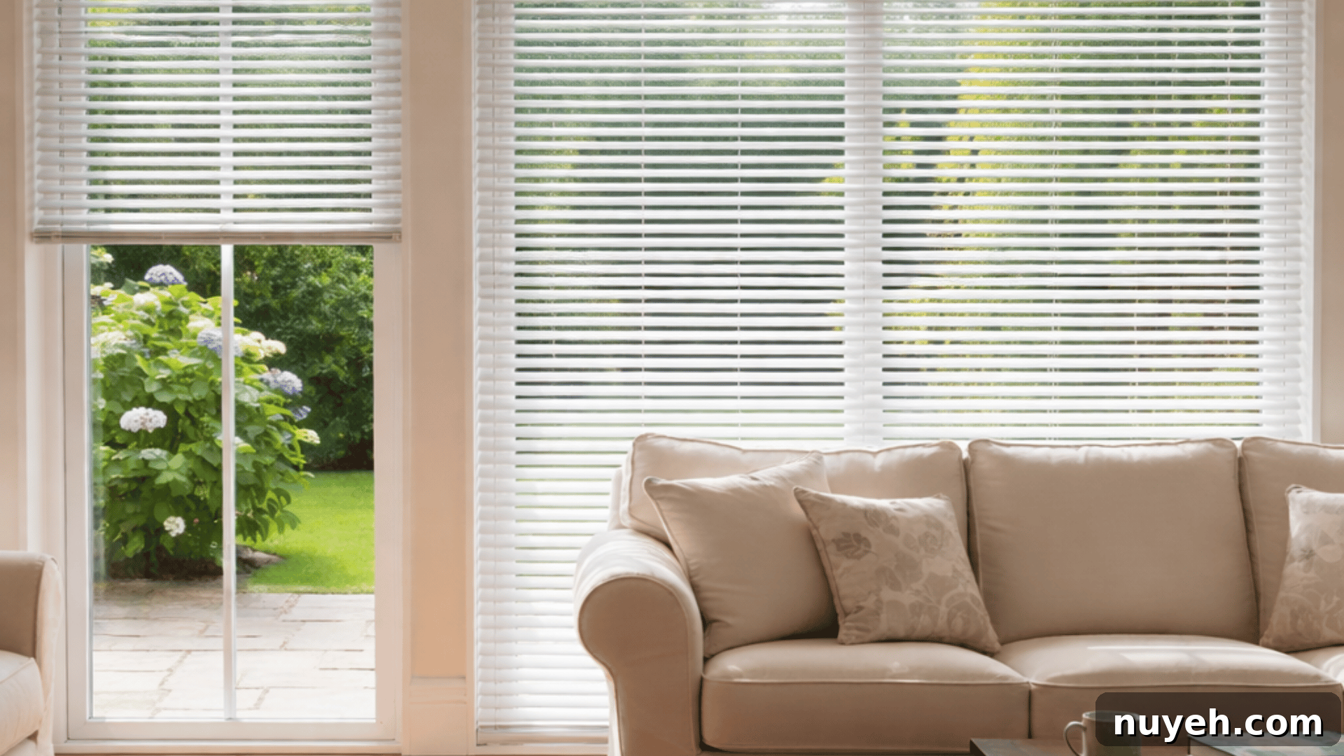 Shutters vs Blinds: Which Window Treatment Fits Your Home? 4 a living room with Venetian blinds covering large windows, a beige sofa, and a wooden coffee table, with a garden view.