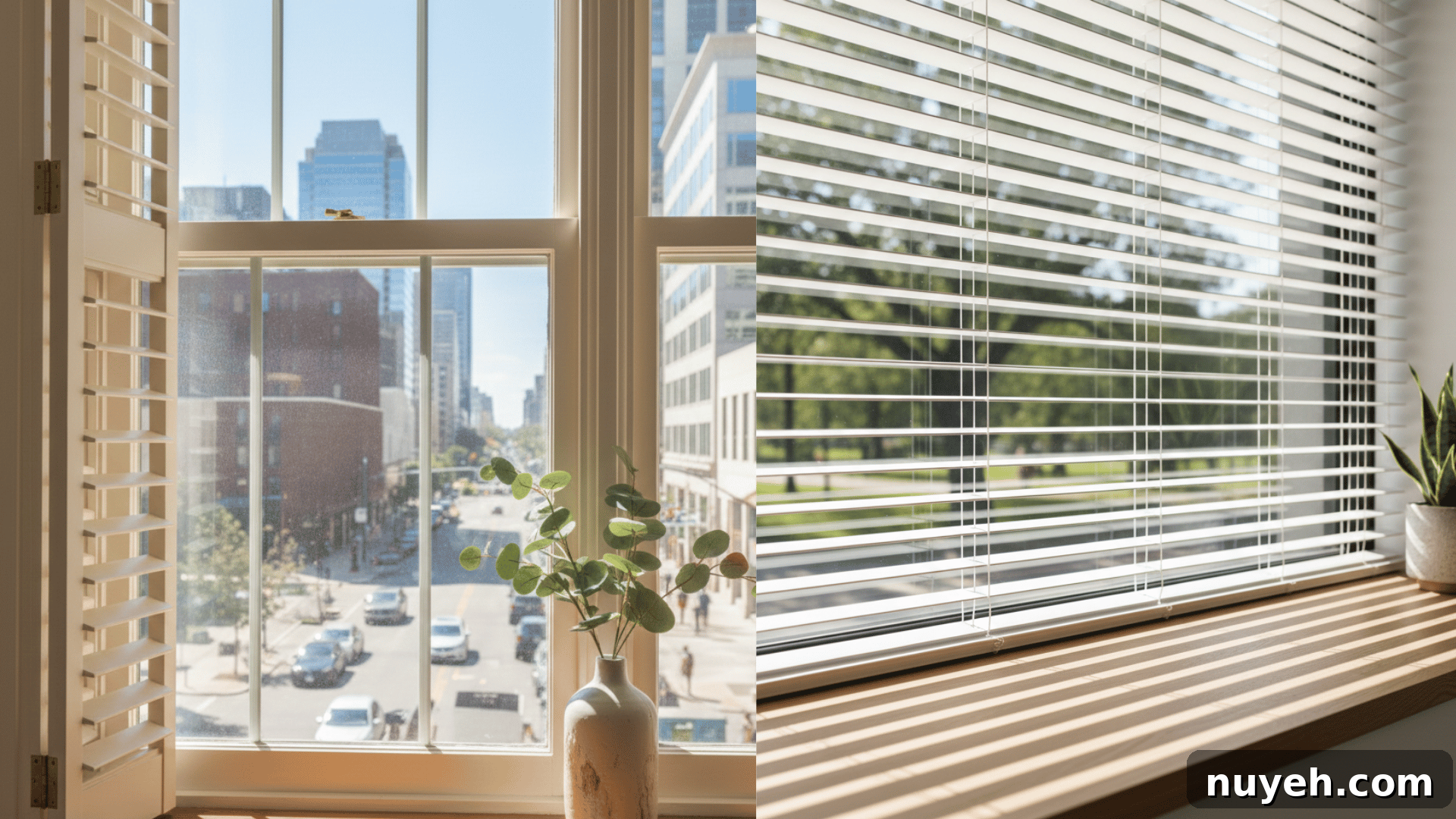 Shutters vs Blinds: Which Window Treatment Fits Your Home? 7 a split image showing white shutters on the left with a city view and white horizontal blinds on the right, with sunlight and a park view.