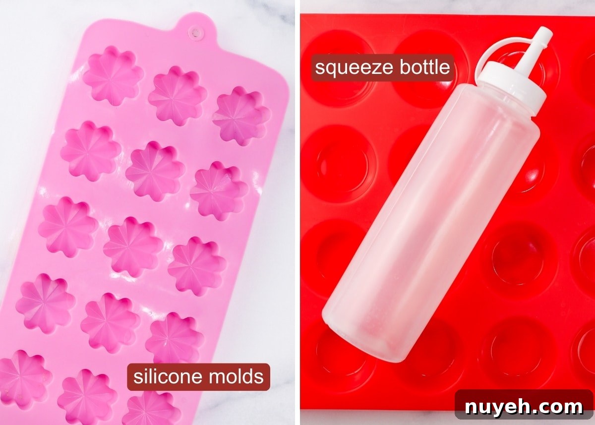 silicone molds and a squeeze bottle shown as equipment needed for this recipe