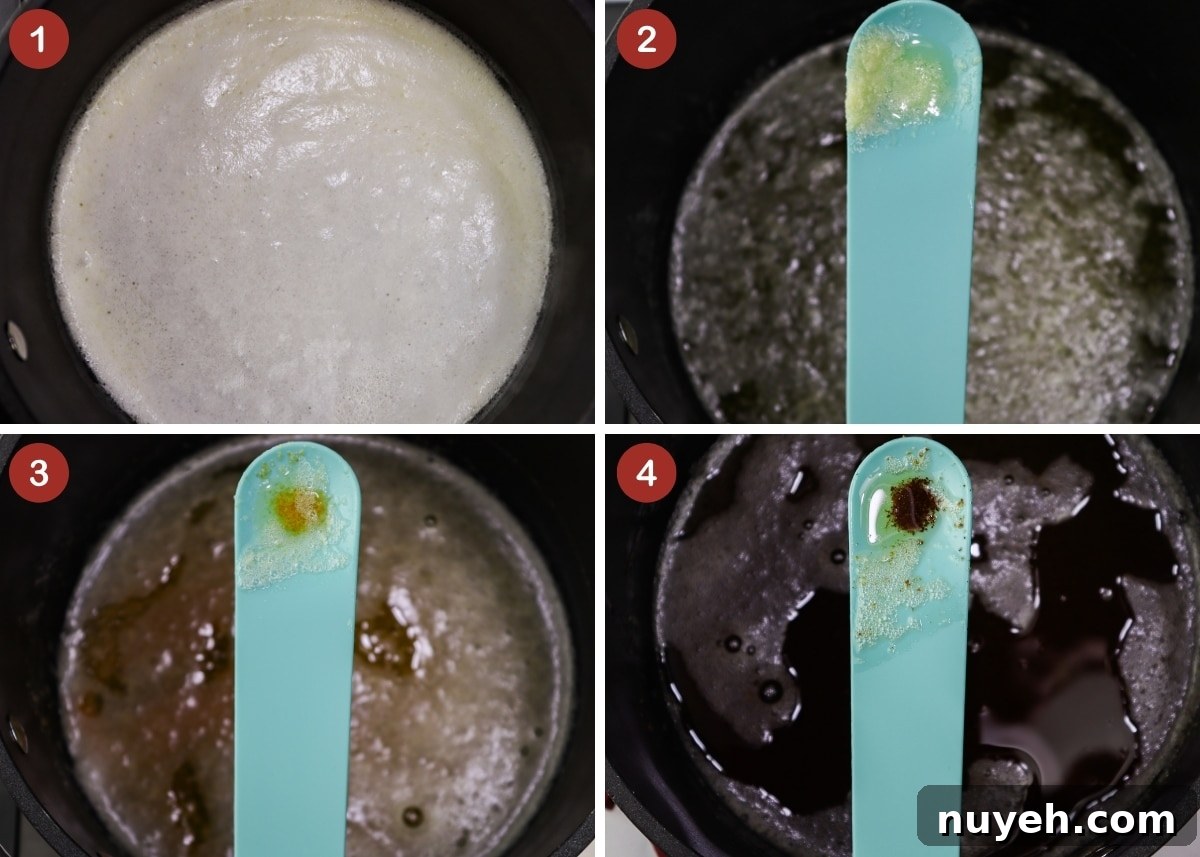 Instructions for brown butter bites showing each step of checking the butter milk solids color phases