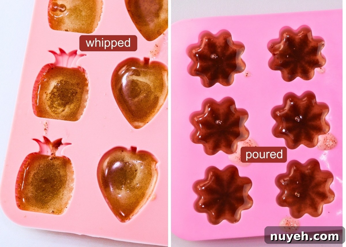 cooled brown butter bites in silicone molds showing the difference between poured and whipped variations of this recipe