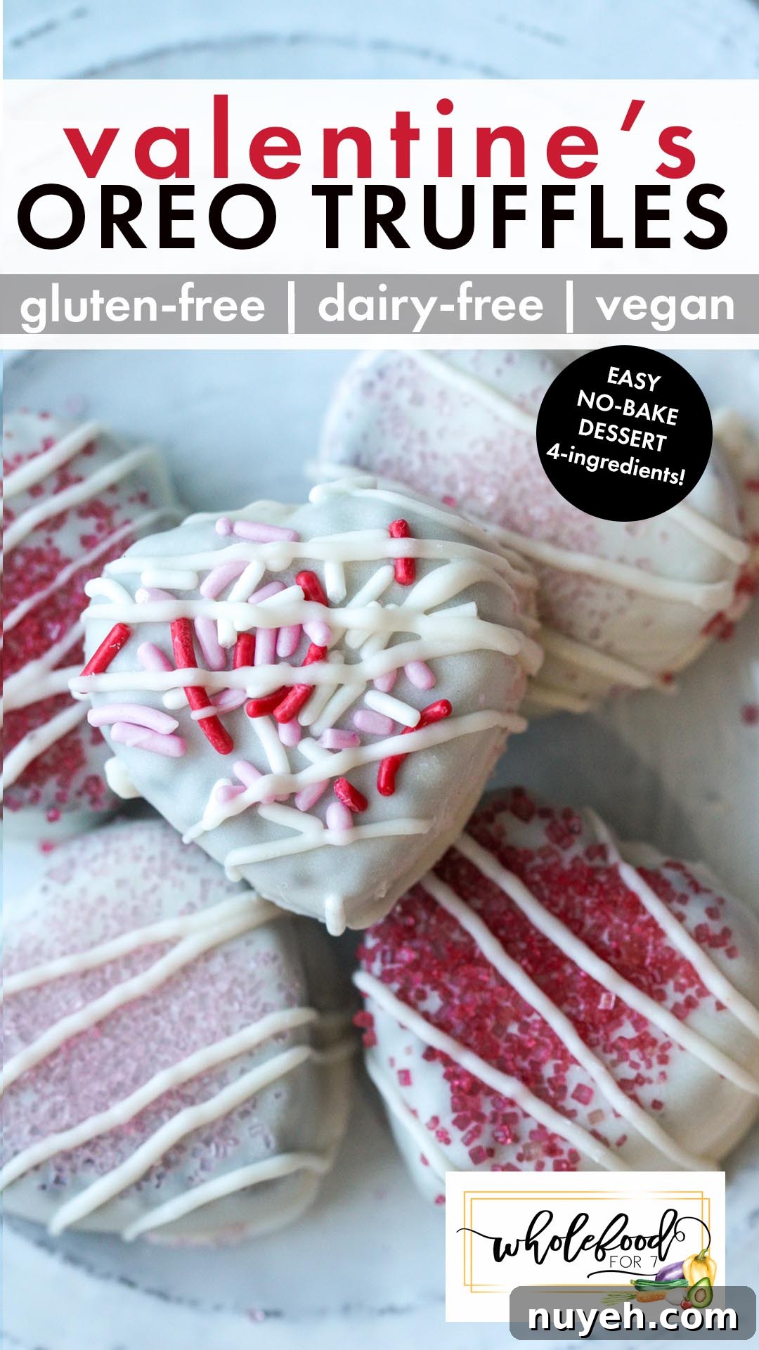 An EASY no-bake Valentine's dessert! These heart-shaped Oreo Truffles are gluten-free, dairy-free, nut-free, egg-free, and vegan! Only 4-ingredients, EASY and freezer-friendly.